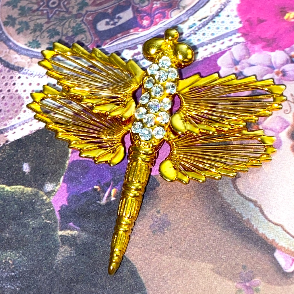 Vintage 70s Signed Monet Rhinestoned & Wire Wrapped Dragonfly Broach